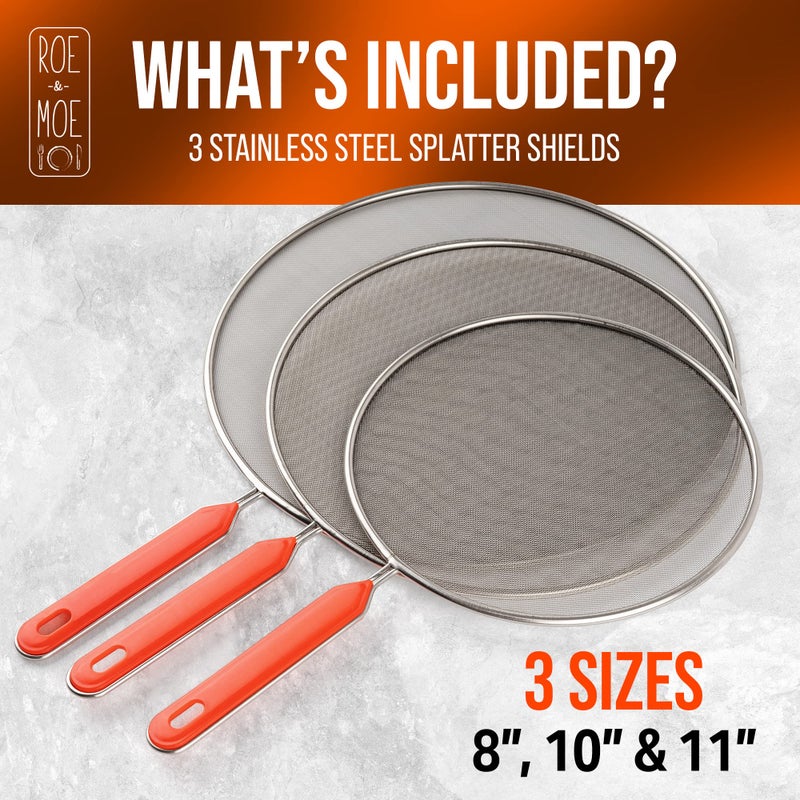 Roe & Moe Splatter Screens - Stainless Steel Splatter Screens for Frying Pan with Insulated Handles - Grease Splatter Guards For Frying Pan that Lets You Create Masterpieces with Ease (Pack of 3) - Image 2